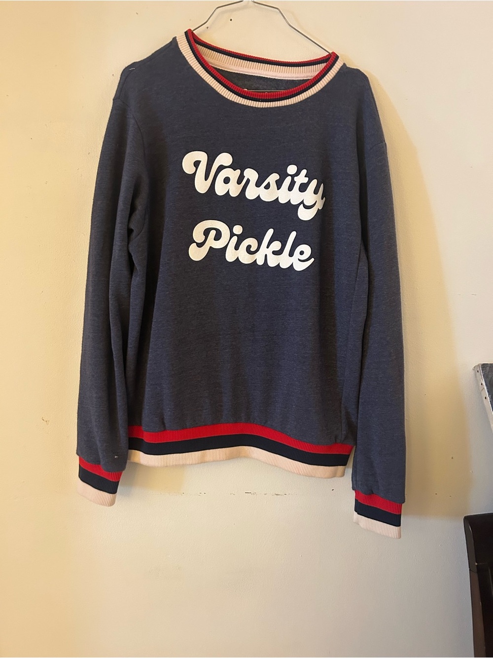 Varsity Pickle Navy Crewneck Sweater with Contrast Stripe Trim